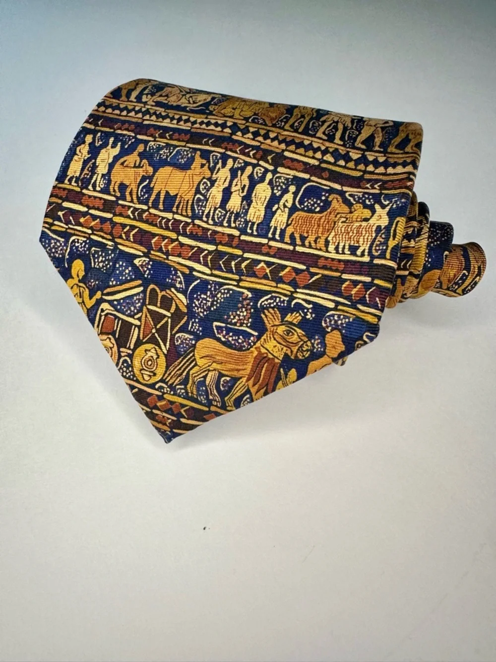 ANCIENT ART—Mesopotamia Blue & Gold Classic Silk Tie by Alynn Neckwear, 3.75”